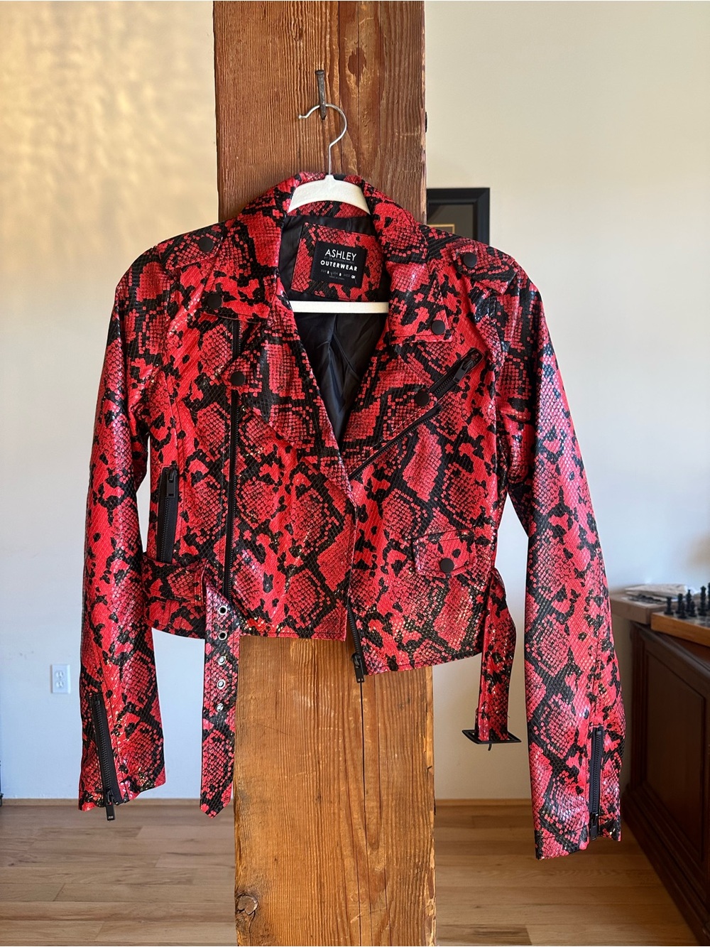 Ashley By 26 International Red & Black Snake-Print Faux Leather Moto Jacket